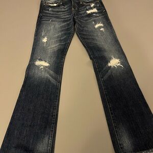 Abercrombie & Fitch Men's Dark Blue Bootcut Jeans with Distressed Details